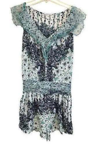 Poupette St. Barth Sleeveless Romper Size Medium Sheer Ruffle Blue Green Coverup