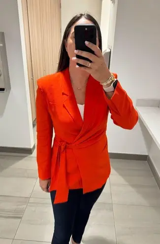BOSS Women's Orange Red Tie Wasit Collared Jawana Blazer Jacket Size US 0