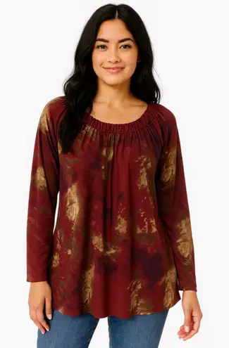 Daisy Fuentes Women's Long Sleeve Tee S Red Gold Tie-Dye