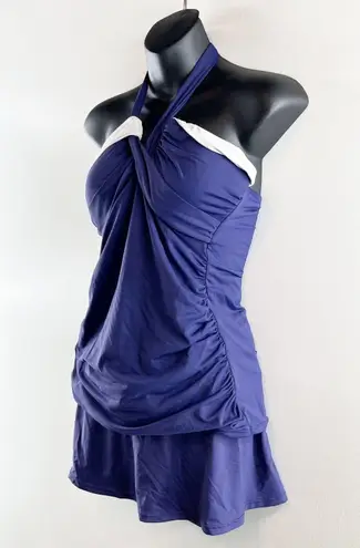 Anne cole Two Piece Twist Front Halter Tankini Skirt Bikini Set Blue M / L