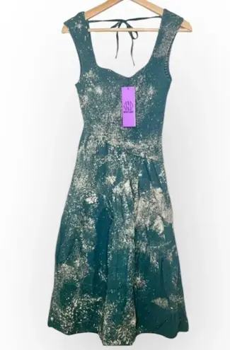 Nikki Lund Smocked Blue and Cream Bleach Splatter Sleeveless Midi Dress S