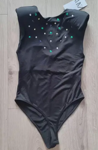 ZARA Beaded Black Bodysuit With Shoulder Pads Gems Size Medium NWT - Image 1