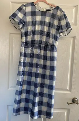 J.Crew NWT  Short-Sleeve Sequin Dress In Gingham Women Blue/White Midi Size 10