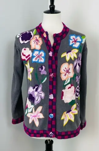 Storybook Knits Beautiful Colorful Whimsical Floral Knit Cardigan Small Gray