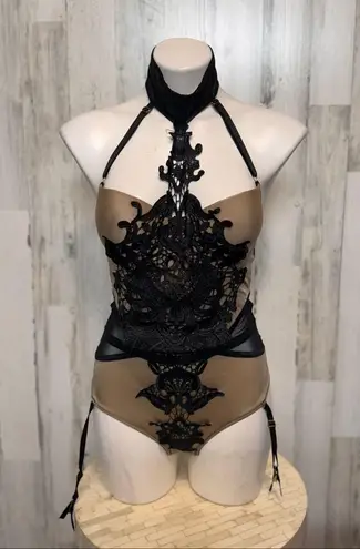 Ooh La La Paris Black Lace Applique Satin Sheer Bodysuit Lingerie Size M Brown Size M