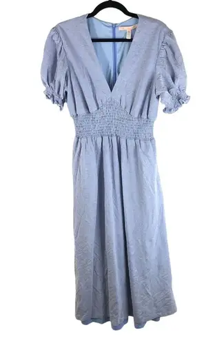 Hutch Womens Midi Dress Smocked Waist Puff Short Sleeve V-Neck Zip Back Blue XL