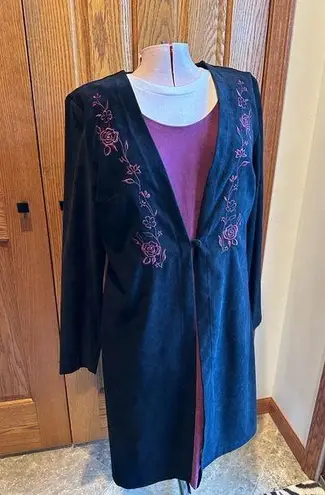 Fashion Bug Vintage 90’s Dress Embroidered Roses Black Burgundy Suede One Piece Jacket Sz 12