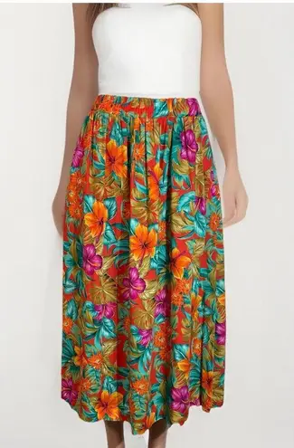 Leslie Fay Vtg. Sportswear Midi Skirt Women 12 Bright Floral Hawaiian Aloha Rayon