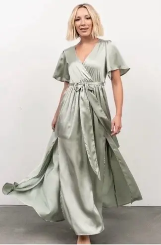 Baltic Born Dress Womens Size Large Sicily Satin Sage Green Maxi Dress Slits NEW