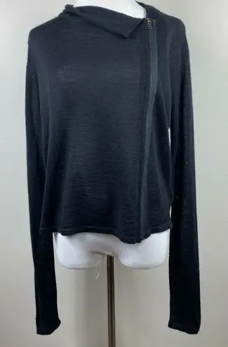 Merino Wool Sweater Jacket Womens Small Black Sheer Off Center Zip Up Cardigan S