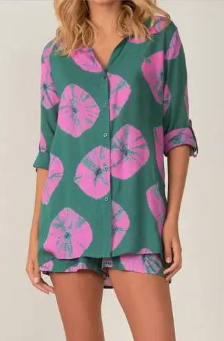 Elan Sand Dollar Teal Pink Button Up Tunic Shirt Womens XS Rayon Roll Tab Sleeve