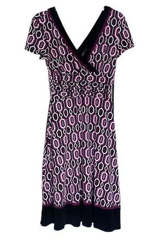 Studio I Purple Black Trim Printed Midi Formal V Neck Short Sleeve Dress Size 6