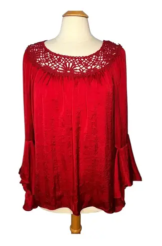 Melissa Paige Red Crochet Neck Bell Sleeve Blouse Top Elegant Women Size Medium