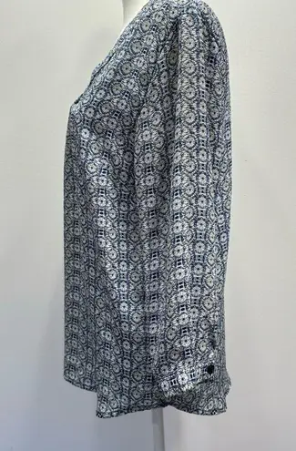 Anne Carson Blue White & Beige Medallion Print Semi Sheer Long Sleeve Blouse
