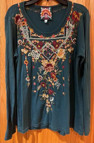 Johnny Was Los Angeles Floral Embroidered Cotton Long Sleeve Shirt Top Small