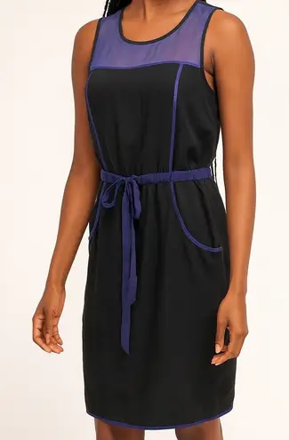 The Limited The Blue Black Sleeveless Dress Large Sheer Top Tie Belt Office Work
