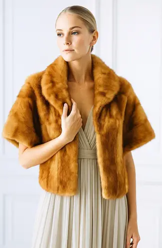 Luxurious Mink Fur Capelet Stole Shawl Brown Short Sleeve Evening Wrap Cape Gold Size M