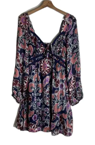 Very J Dress Womens Large Navy Purple Floral Boho Long Sleeve Lined Tie Front