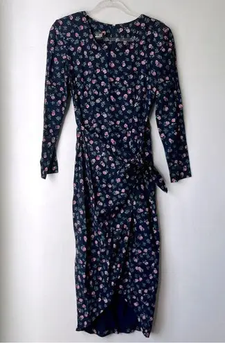 Vintage 90s Knapp Studio Blue Floral Wrap Midi Dress S