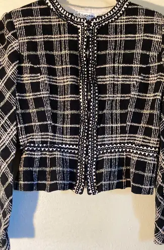 St. John Tweed Knit Women Zipper Blazer Size 10 Black Lime Green Tan & White