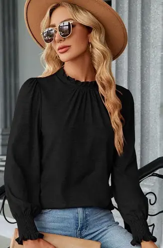 NEW Black Frilled Ruffle Neck Lantern Sleeve Smocked Cuff Blouse Size Medium