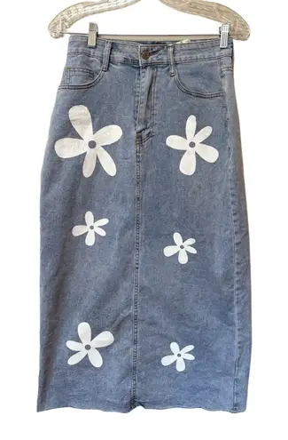 Y2K Daisy Print Denim Skirt | Raw Hem Midi Blue Jean Skirt S