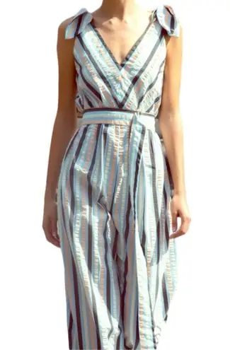 Lela Rose Stripped V Neck Bow Tie Belted Wide Leg Jumpsuit Size 2