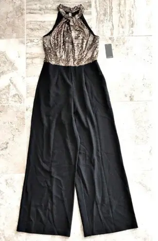 Julia Jordan Twist Halter Neck Jumpsuit Gold Metallic Wide Leg Size 8 NWT