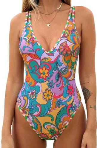 Cupshe NWT  One Piece Swimsuit Double Strap Back Tie Low Cut Boho Paisley size M