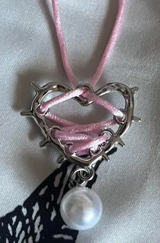 handmade pink ribbon spiked heart & pearl necklace π©· soft grunge coquette jewelry