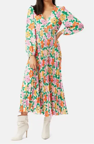 Traffic People Aurora L NWT White Multicolored Balloon Sleeve Floral Midi Dress Size L