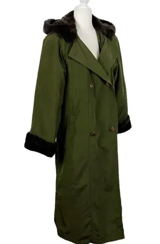 Larry Levine VTG Double Breasted Maxi Long Trench Coat Green Hooded faux Fur M