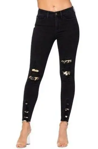 Judy Blue Jeans Women's 9/29 Distressed Black Leopard Patch Mid Rise Skinny Jean