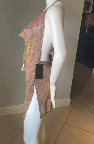 SheIn Sexy Draped Backless Split Hem Metallic Halter Dress size Large  New with tags  Slit on the sides  Stretchy  Measurements are provided in pictures