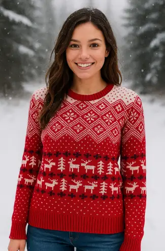 Prince & Fox Red Fair Isle Reindeer Christmas Sweater Medium