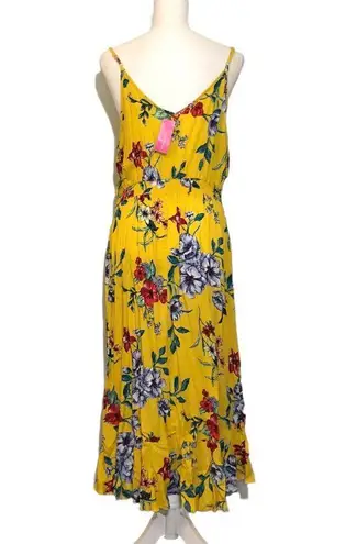 Xhilaration NWT Gold Yellow Floral Strappy Faux Wrap Midi Dress Asymmetrical Ruffle Hem New