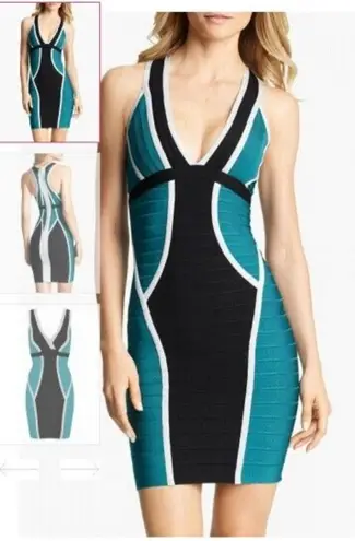 Herve Leger Eyvette deep teal colorblock halter-neck bandage dress size M medium