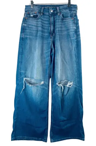 American Eagle Curvy Super High Rise Baggy Wide Leg Jeans 2 Short Distressed Blue