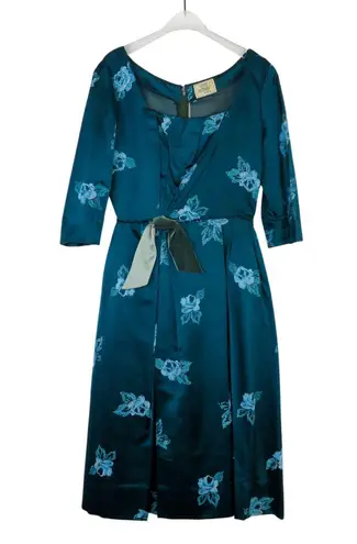 1960s Vintage Vogue Couturier Teal Blue Floral Long Sleeve Dress Small Formal Size XS