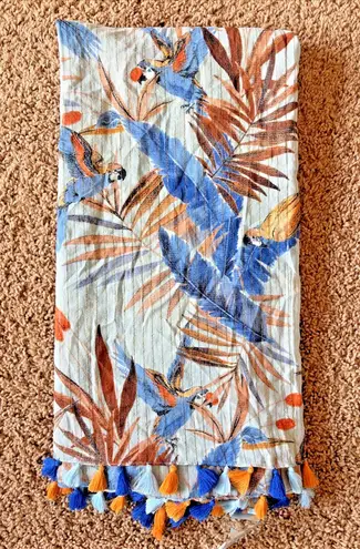 Palme Blue Tropical Palm Bird Metallic Stripe Tassel Fringe Scarf Wrap Accessory - Image 1