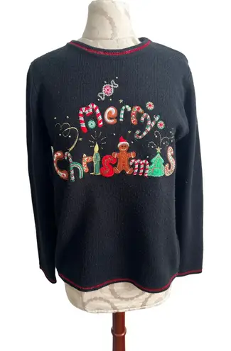 Merry Christmas Holiday Long Sleeve Pullover Sweater Small Black