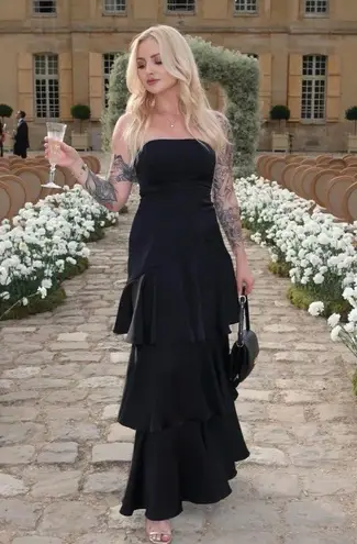 Blissfully Beautiful Black Satin Strapless Tiered Maxi Dress Size XS