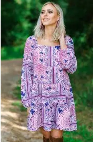 SAVANNA JANE Frilly Patchwork Print Mini Dress Size Medium M Long Sleeve Purple