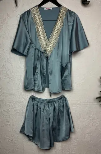 Unbranded Elegant White Lace Trim Blue Satin Sleepwear Set Size M