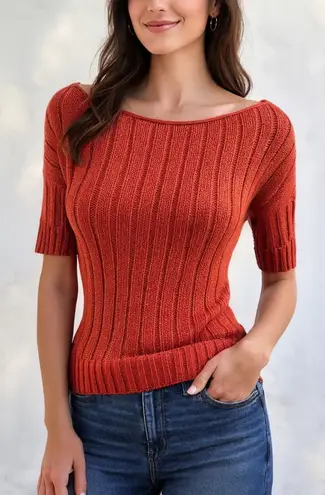 Sweater Project Ribbed Short Sleeve Knit Top Orange Scoop Neck Pulloever Small