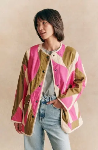 Sézane Farel Patchwork Quilted Jacket Cotton Hera Pink Olive 44 EUC