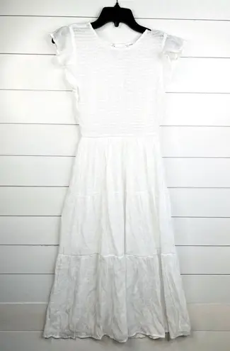 Blu Pepper  White Tiered Skirt Smocked Bodice Flutter Sleeve Midi Dress Size S - Image 2