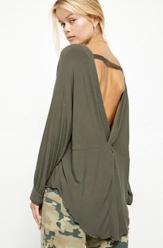 Free People Shimmy Shake Top XS Low Open Back Army Green Slouchy Dolman Boho