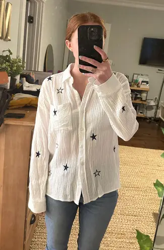 Hem & Thread White & Navy Star Embroidered Button Down