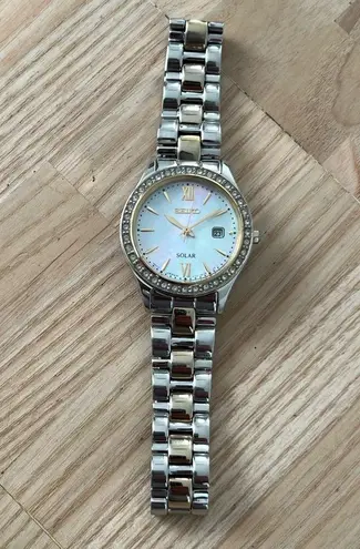 Seiko Solar Ladies Watch Swarovski Crystals Two-Tone Bracelet Pearl Dial Date